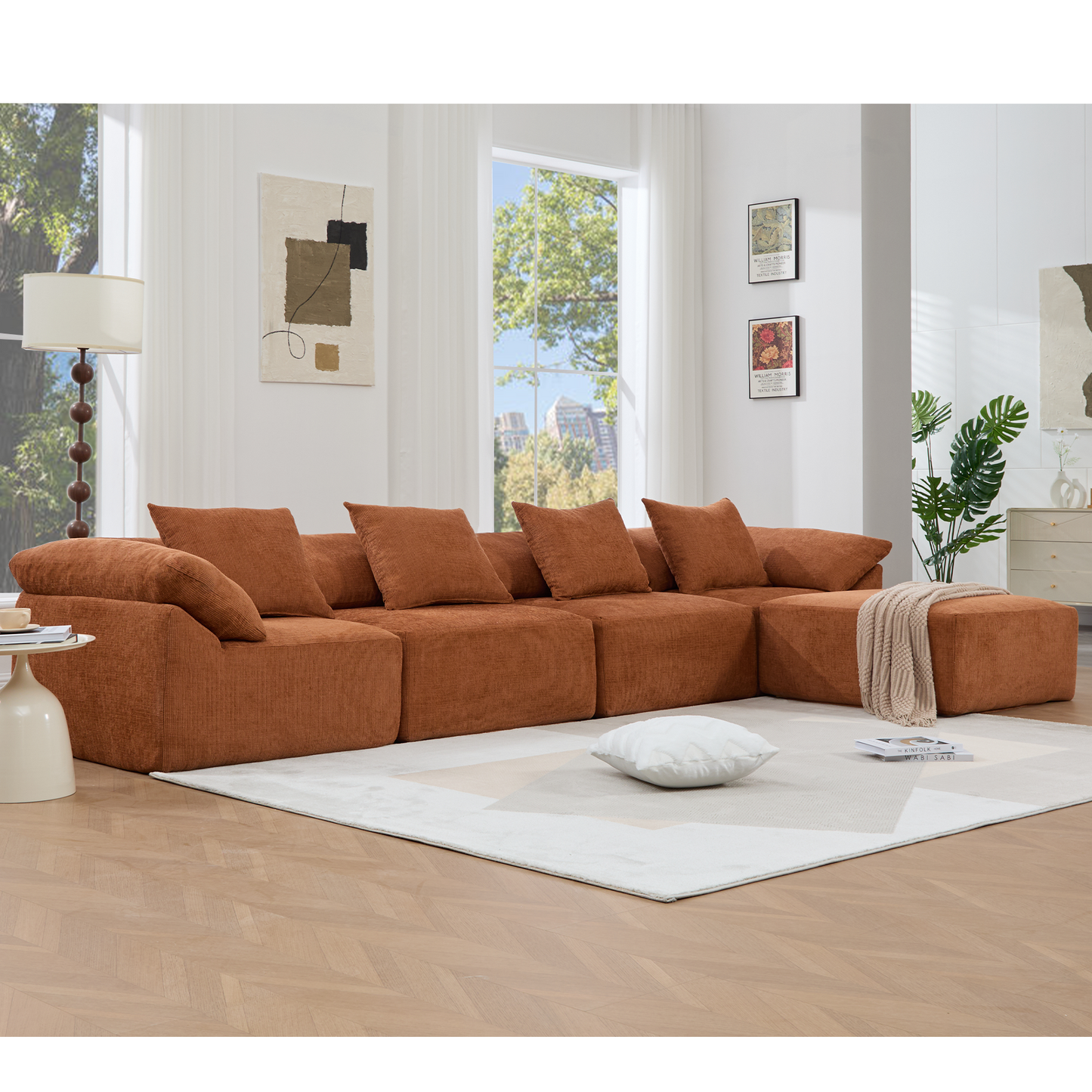 HouseOfZazla 142in L-shaped modular sectional sofa in rust-orange fabric with plush cushions on Tampa Home & Garden Store