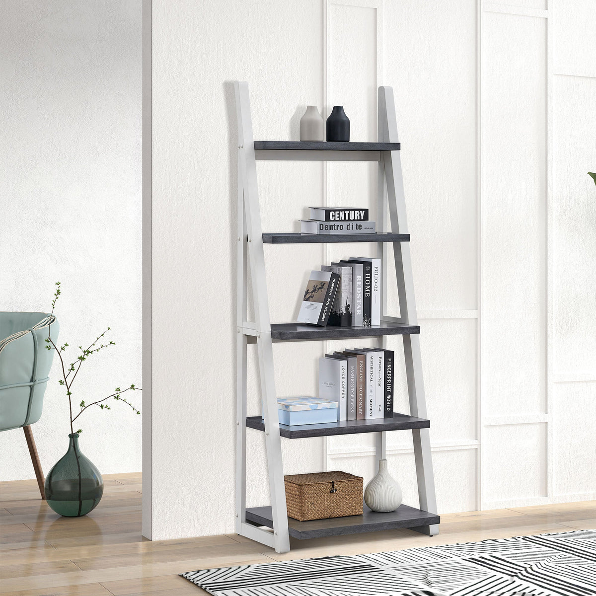 5-tier ladder shelf with grey and white rubber wood frame displaying books and decorative vases on Tampa Home & Garden Store