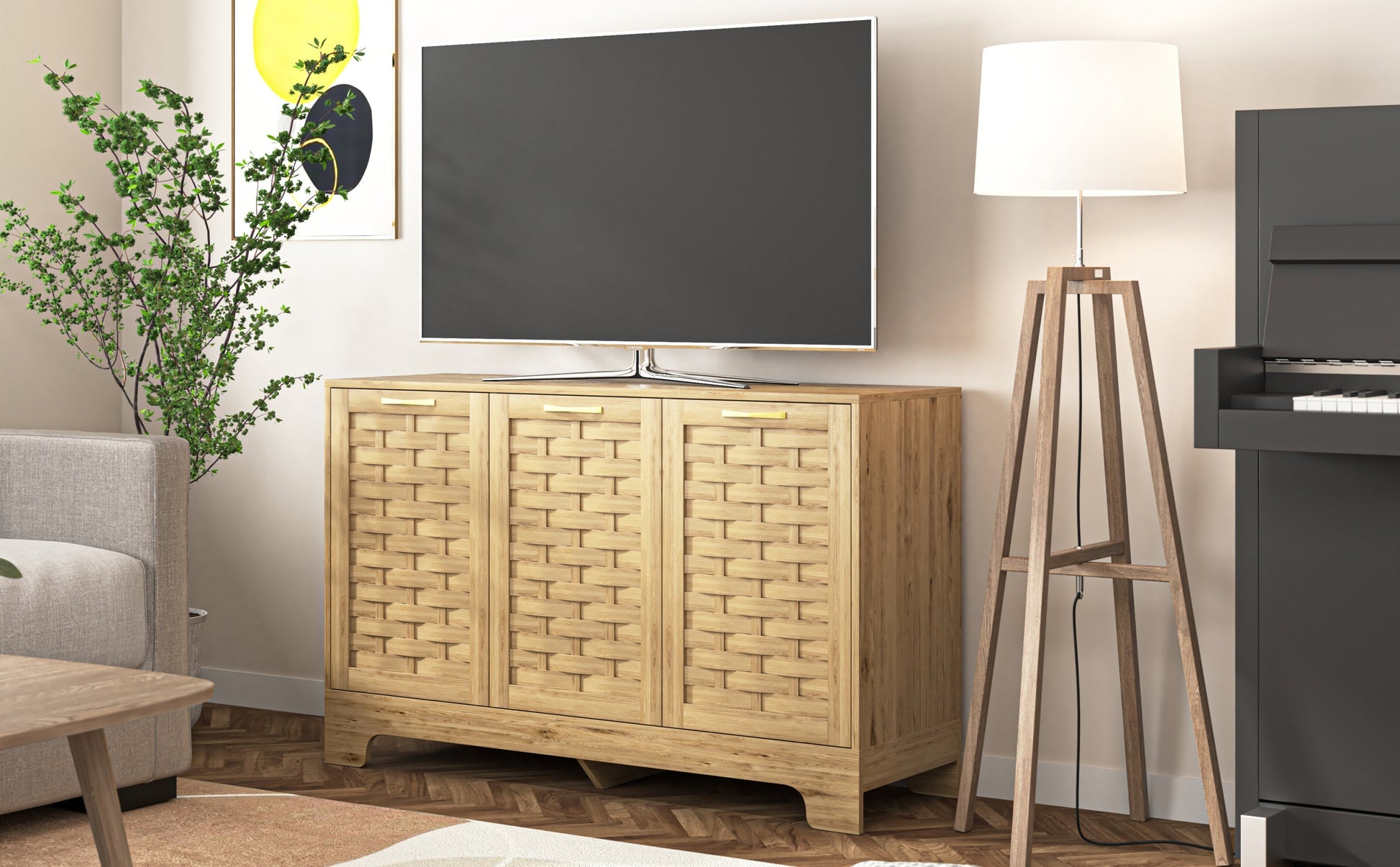 Storage Cabinet with 3 Doors by HouseOfZazla in natural wood with woven front panels on Tampa Home & Garden Store