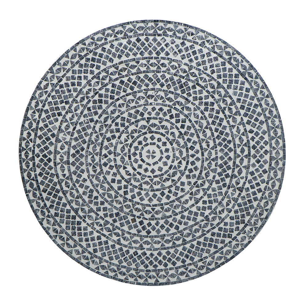 Capiz coffee table with pedestal base, round mosaic top in blue-gray tones on Tampa Home & Garden Store