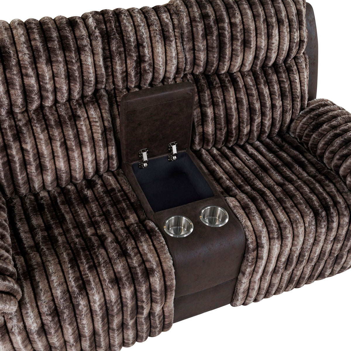 Bruni Reclining Loveseat and Console in dark brown faux fur with built-in cup holders on Tampa Home & Garden Store