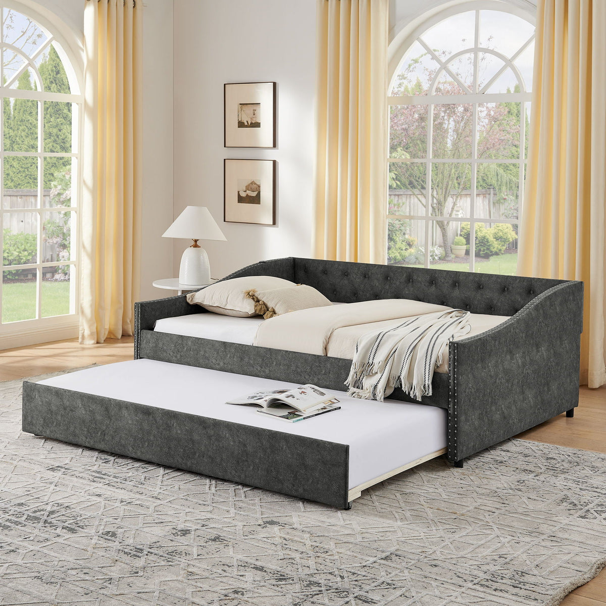 Upholstered daybed with USB charging and pull-out bed, dark gray fabric, trundle bed on Tampa Home & Garden Store