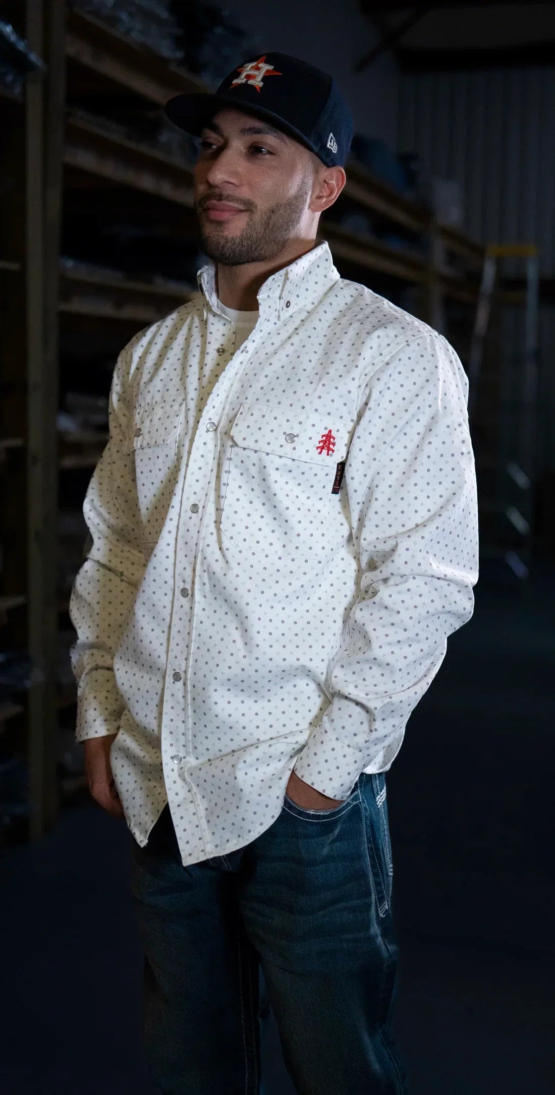 FR Pearl Snap Work Shirt phantom white with dot pattern and red chest logo by Static FR on Tampa Home & Garden Store