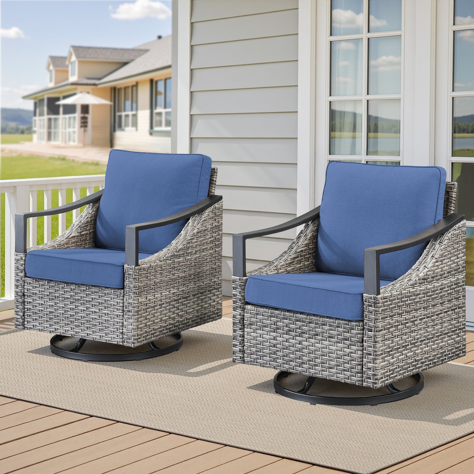 Outdoor Swivel Rocking Glider Chairs Set of 2 with blue cushions on gray wicker frames on Tampa Home & Garden Store