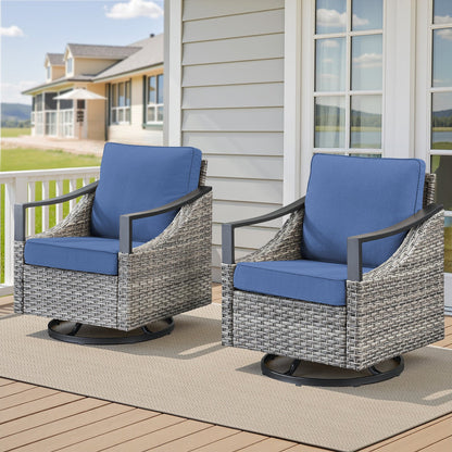 Outdoor Swivel Rocking Glider Chairs Set of 2 with blue cushions on gray wicker frames on Tampa Home & Garden Store