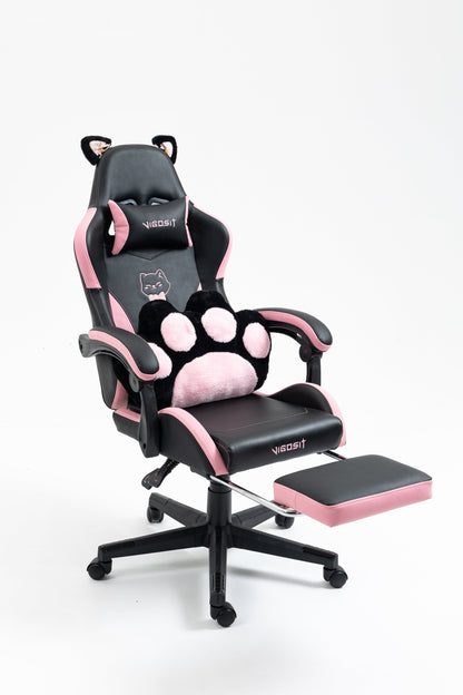 Cute Cat Gaming Chair with Paw Lumbar Cushion in black and pink by HouseOfZazla on Tampa Home & Garden Store
