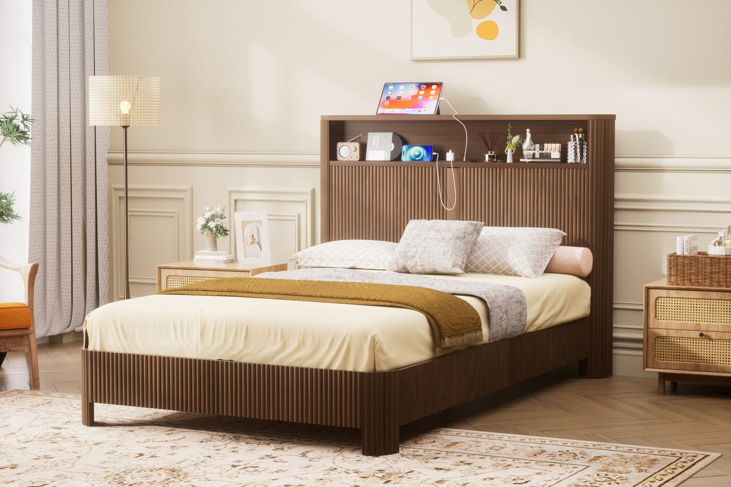 Full Extra Long Bed Frame and Storage Headboard