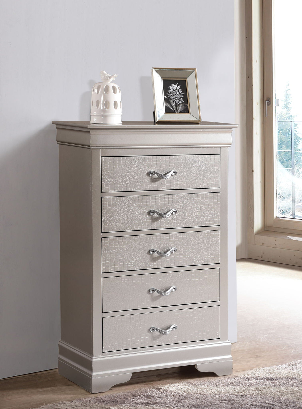 Accent chest pearl silver with embossed texture; crocodile-patterned drawers and faux crystal pulls on Tampa Home & Garden Store