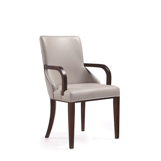 Shubert Armchair beige leather upholstery with dark wood curved armrests and tapered legs on Tampa Home & Garden Store