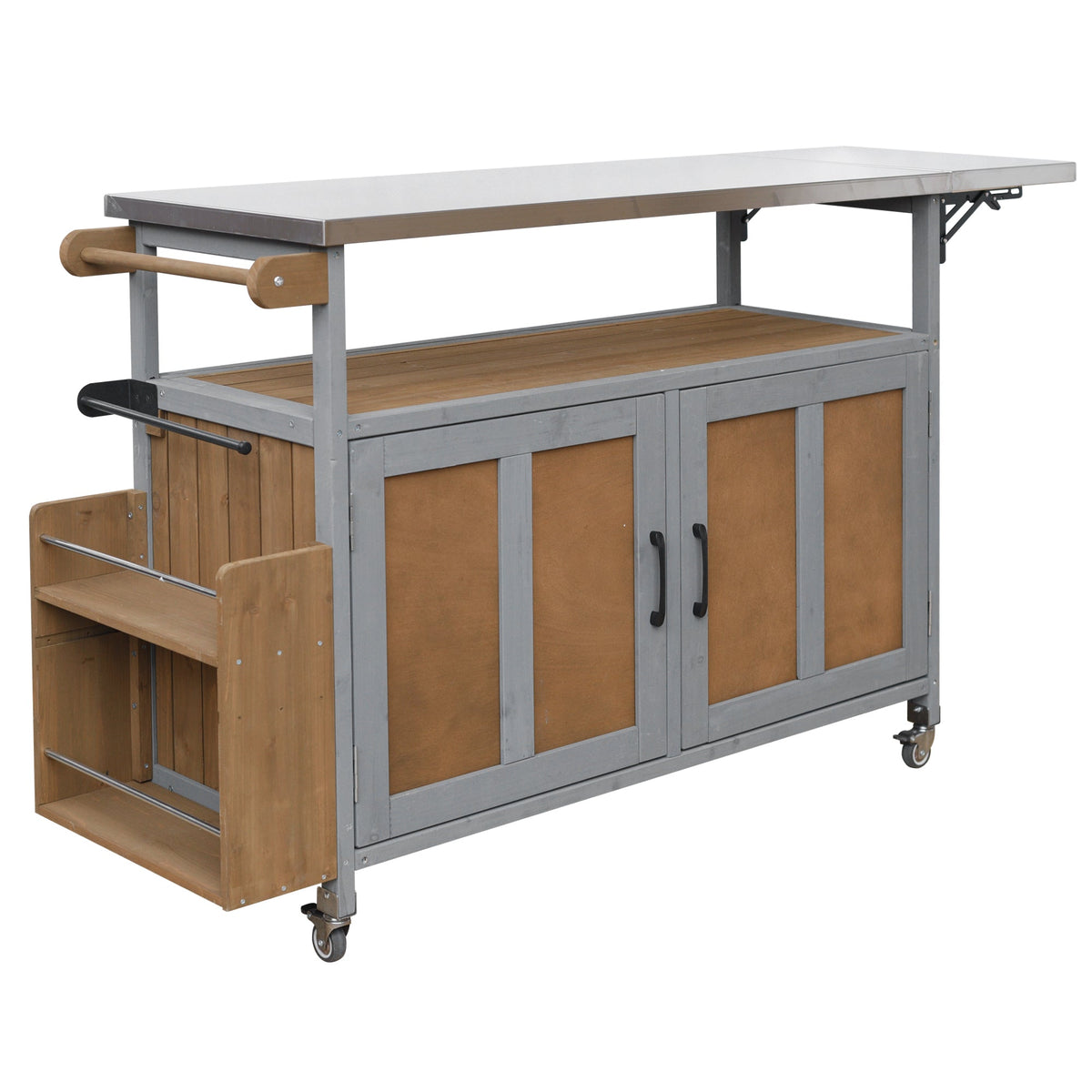 Foldable Outdoor Kitchen Island Cart gray metal frame with wooden panels and stainless top on Tampa Home & Garden Store
