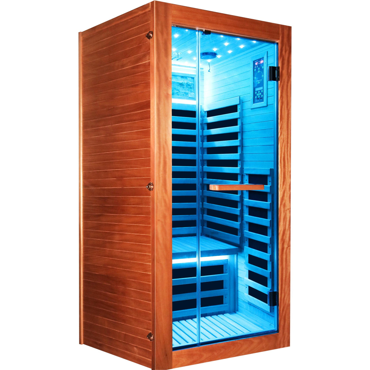 American White Oak single person sauna room with LED lighting, blue interior, HouseOfZazla on Tampa Home & Garden Store
