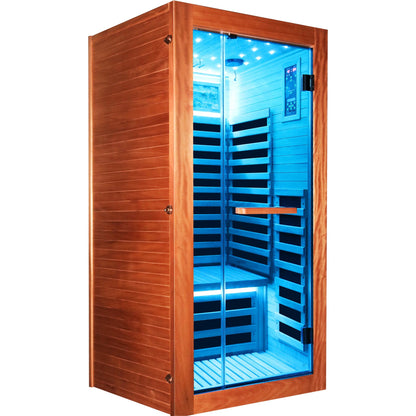 American White Oak single person sauna room with LED lighting, blue interior, HouseOfZazla on Tampa Home & Garden Store