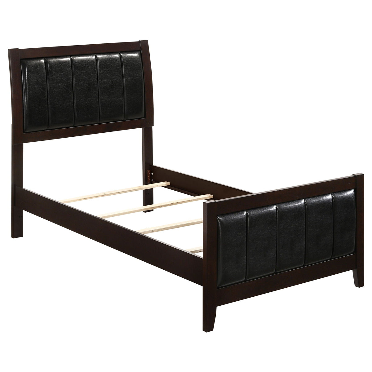 Twin Panel Bed with Headboard and Tapered Legs in brown wood and black upholstered panel by HouseOfZazla on Tampa Home & Garden Store
