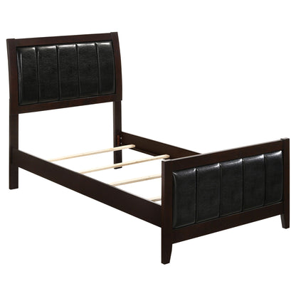Twin Panel Bed with Headboard and Tapered Legs in brown wood and black upholstered panel by HouseOfZazla on Tampa Home & Garden Store