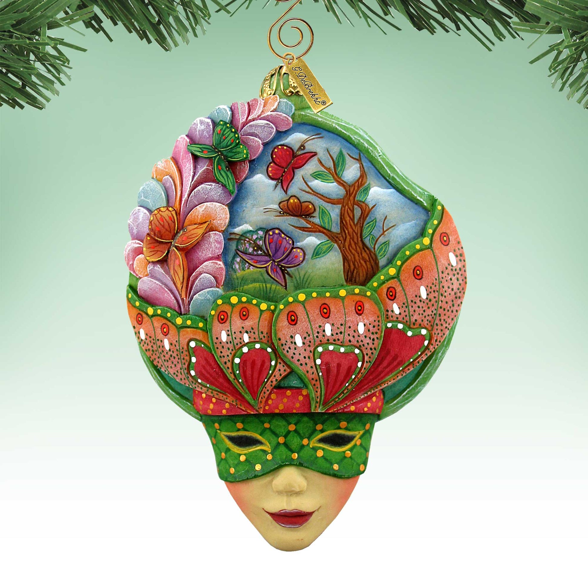 Carnival Mask Sculpted Ornament by G. DeBrekht, colorful floral butterfly with green border on Tampa Home & Garden Store
