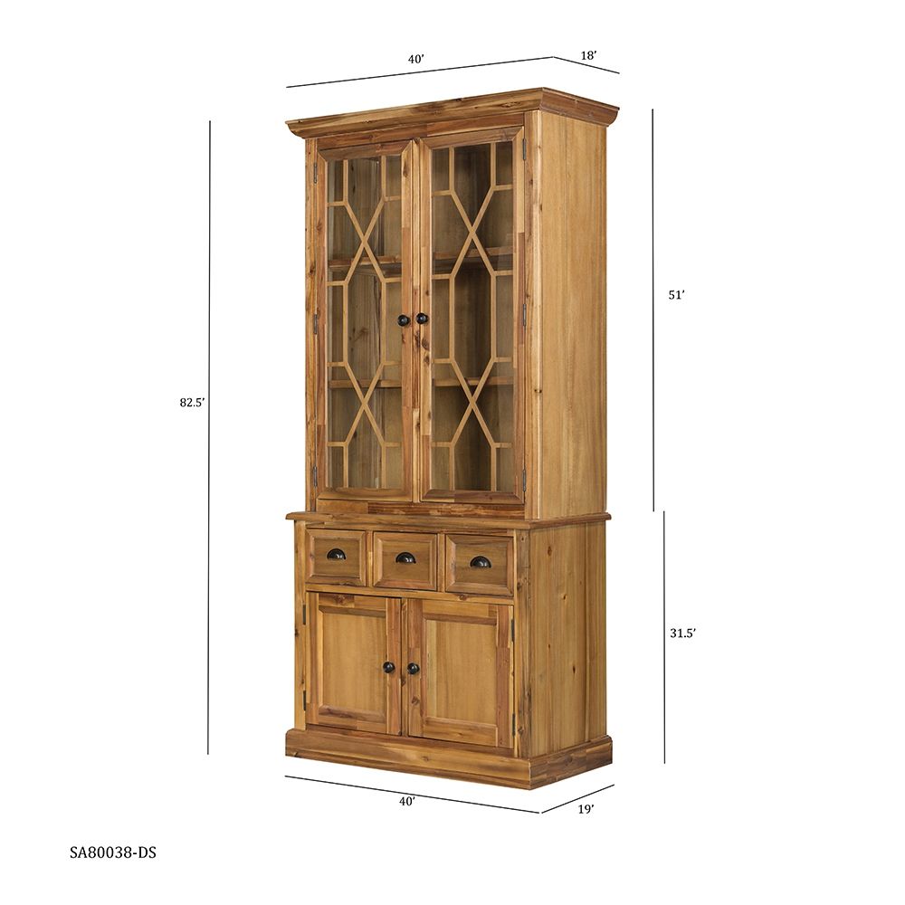 Acacia solid wood accent cabinet with glass doors and lattice panels 3 drawers HouseOfZazla on Tampa Home & Garden Store