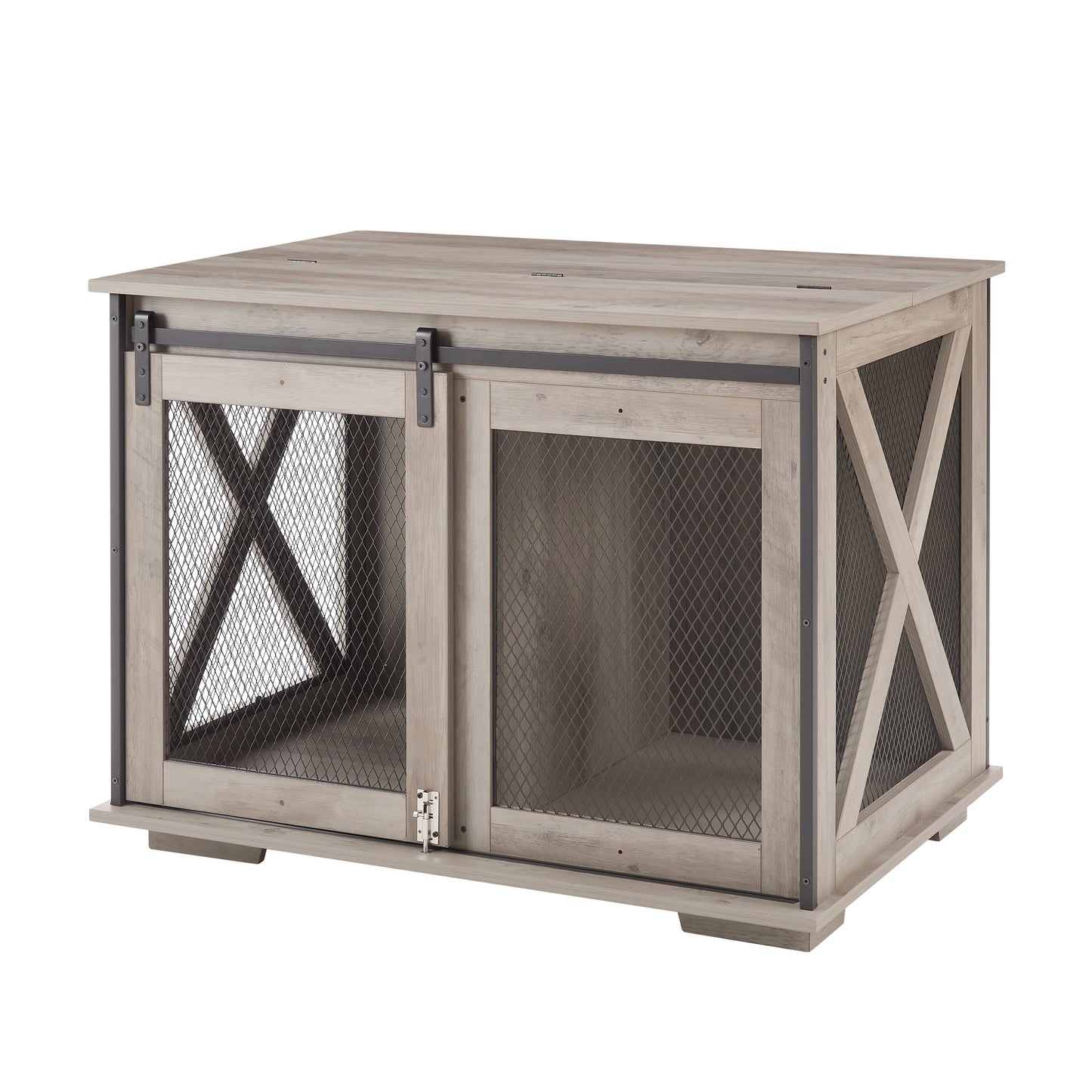 Farmhouse dog crate with sliding barn door, light wood finish and metal frame on Tampa Home & Garden Store