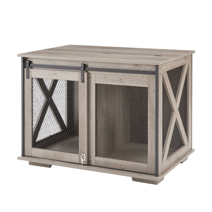 Farmhouse dog crate with sliding barn door, light wood finish and metal frame on Tampa Home & Garden Store