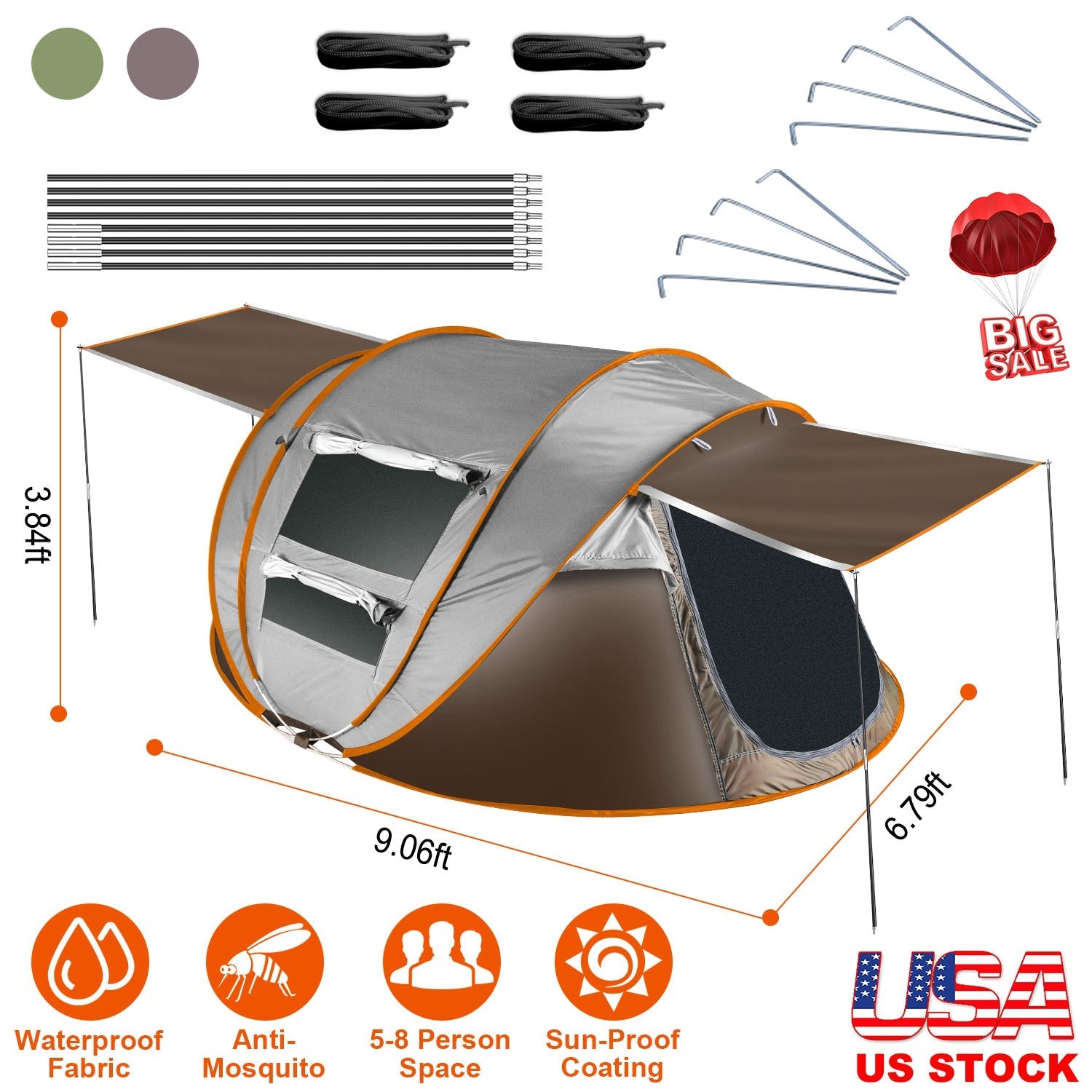 GemGear 3-4 Person Pop-Up Tent with orange trim and 2 mosquito net windows on Tampa Home & Garden Store