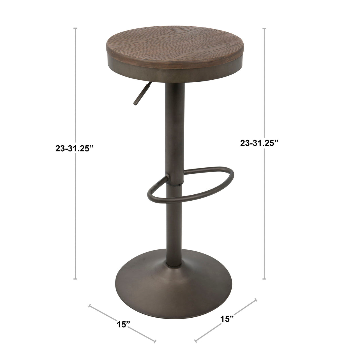 Industrial adjustable barstool set of 2 with swivel, dark brown wood seat and metal base on Tampa Home & Garden Store