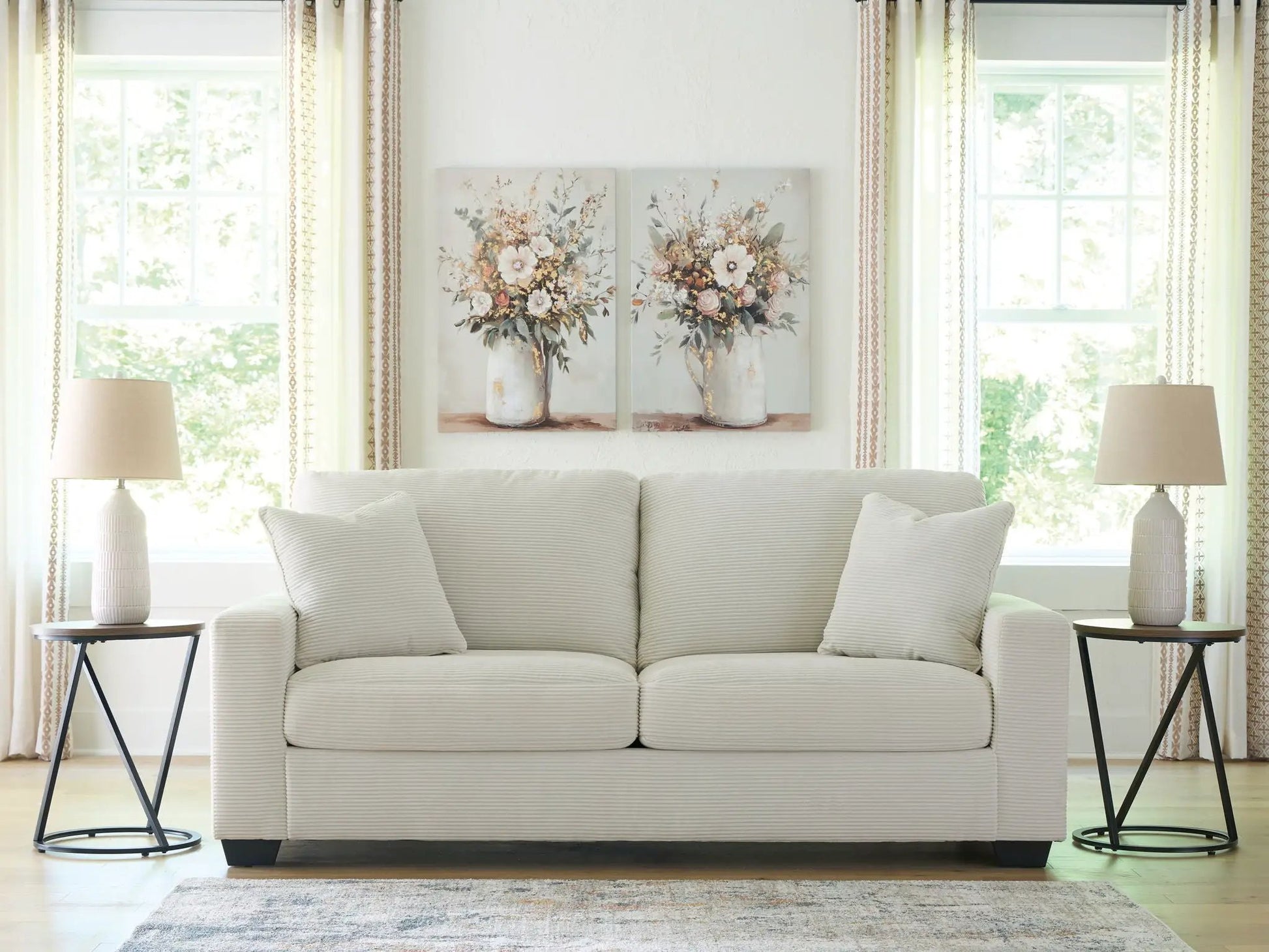 Greenbriar sofa by Unique Piece Furniture in light beige fabric with two side lamps on Tampa Home & Garden Store