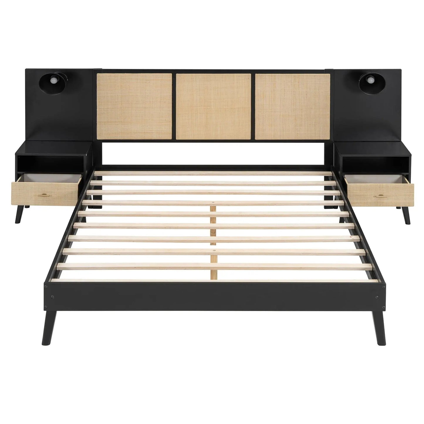 Bed frame with 2 nightstands, black metal, beige woven panels, lamps on each side of bed on Tampa Home & Garden Store