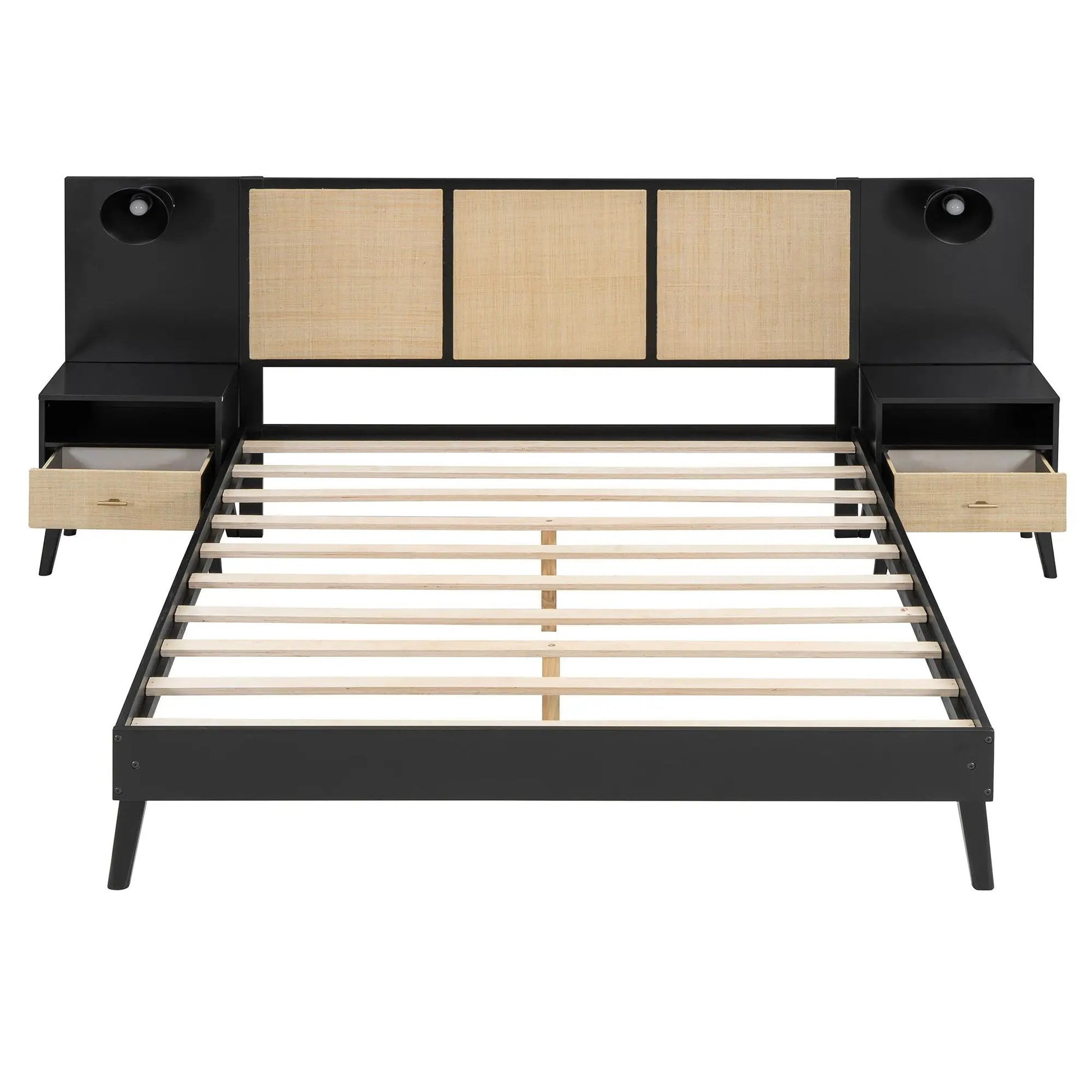 Bed frame with 2 nightstands, black metal, beige woven panels, lamps on each side of bed on Tampa Home & Garden Store