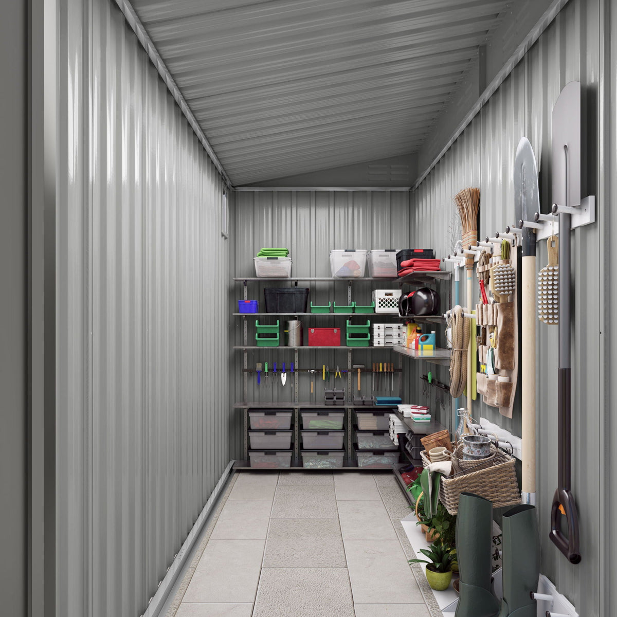 Lean-To storage shed interior in gray metal with organized wall of tools, bins and shelves on Tampa Home & Garden Store