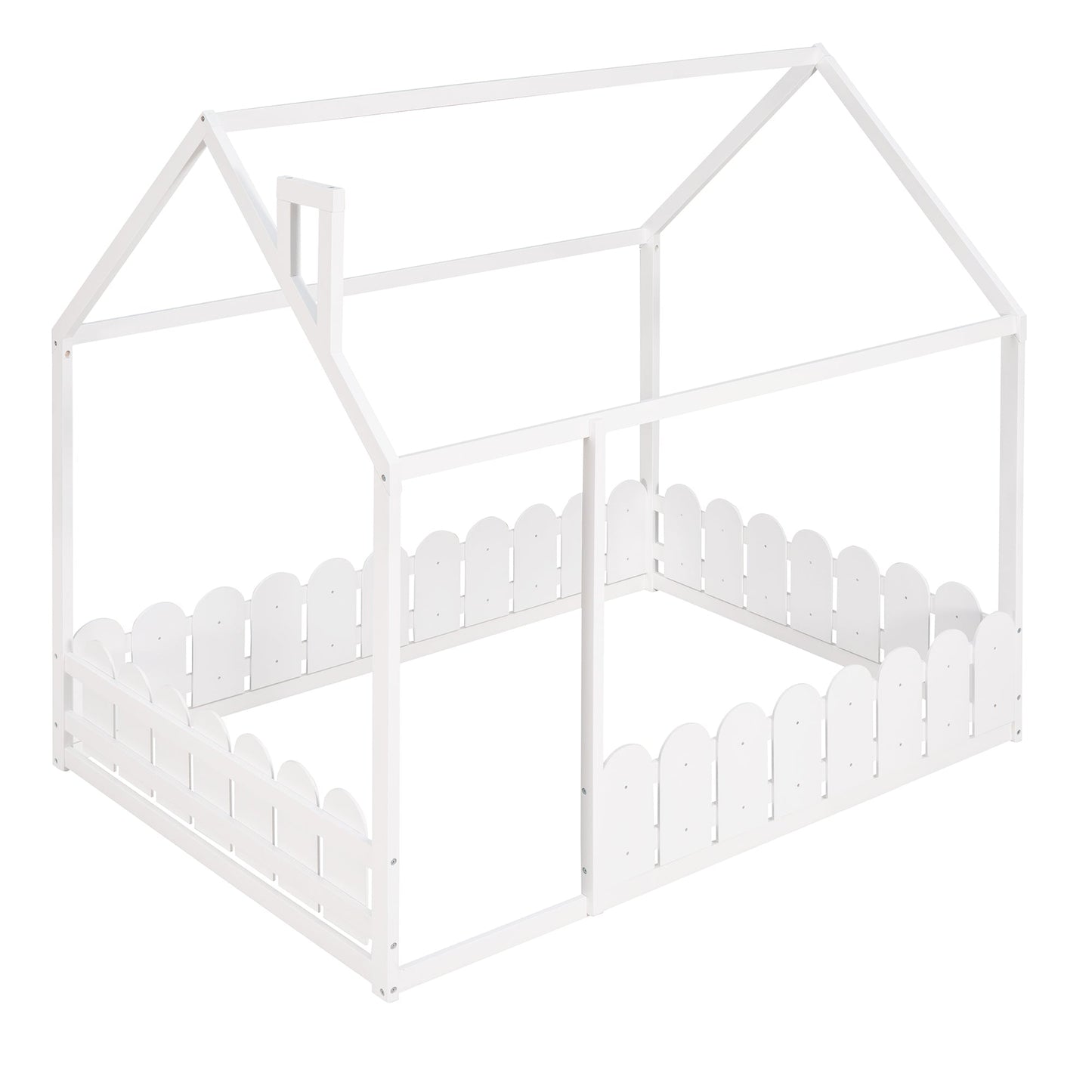Full Size Wood Bed House Bed Frame with Fence for Kids (White)