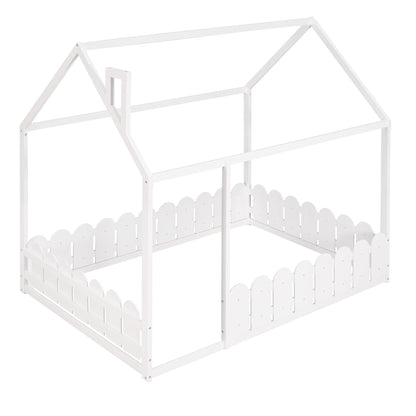 Full Size Wood Bed House Bed Frame with Fence for Kids (White)
