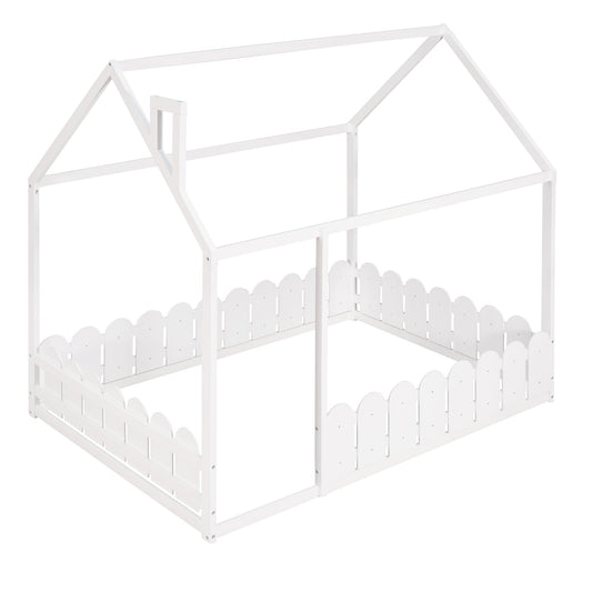 Full Size Wood Bed House Bed Frame with Fence for Kids (White) - Tampa Home & Garden Store