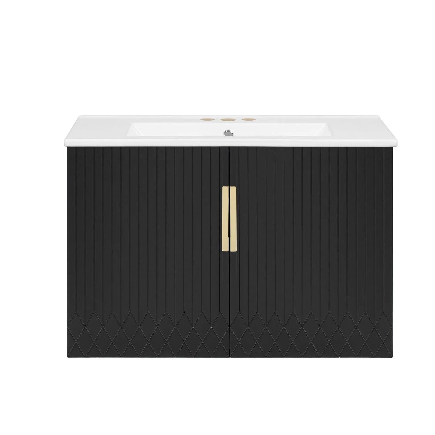 Bathroom vanity with sink, black cabinet with 2 soft closing doors, white countertop on Tampa Home & Garden Store
