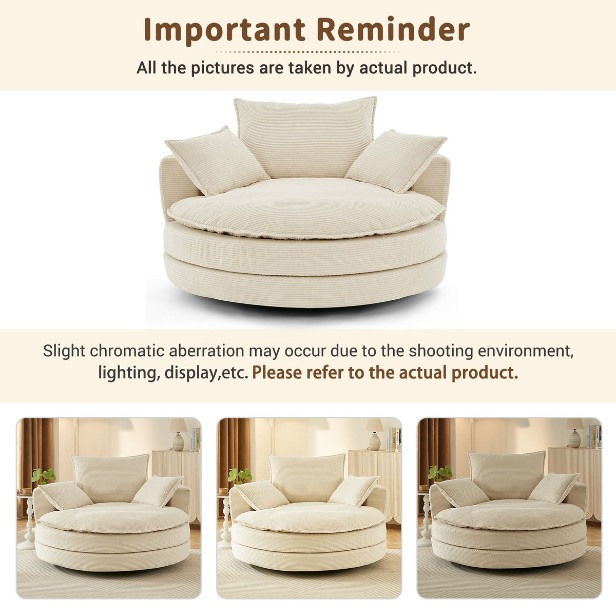 Swivel barrel chair with cushion and pillows in beige ribbed fabric, round base on Tampa Home & Garden Store