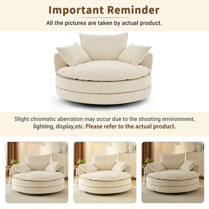 Swivel barrel chair with cushion and pillows in beige ribbed fabric, round base on Tampa Home & Garden Store