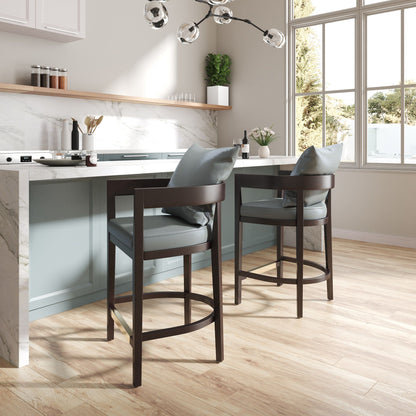 Mid-Century Modern counter stool with upholstered gray seat, set of 3, dark wood frame on Tampa Home & Garden Store