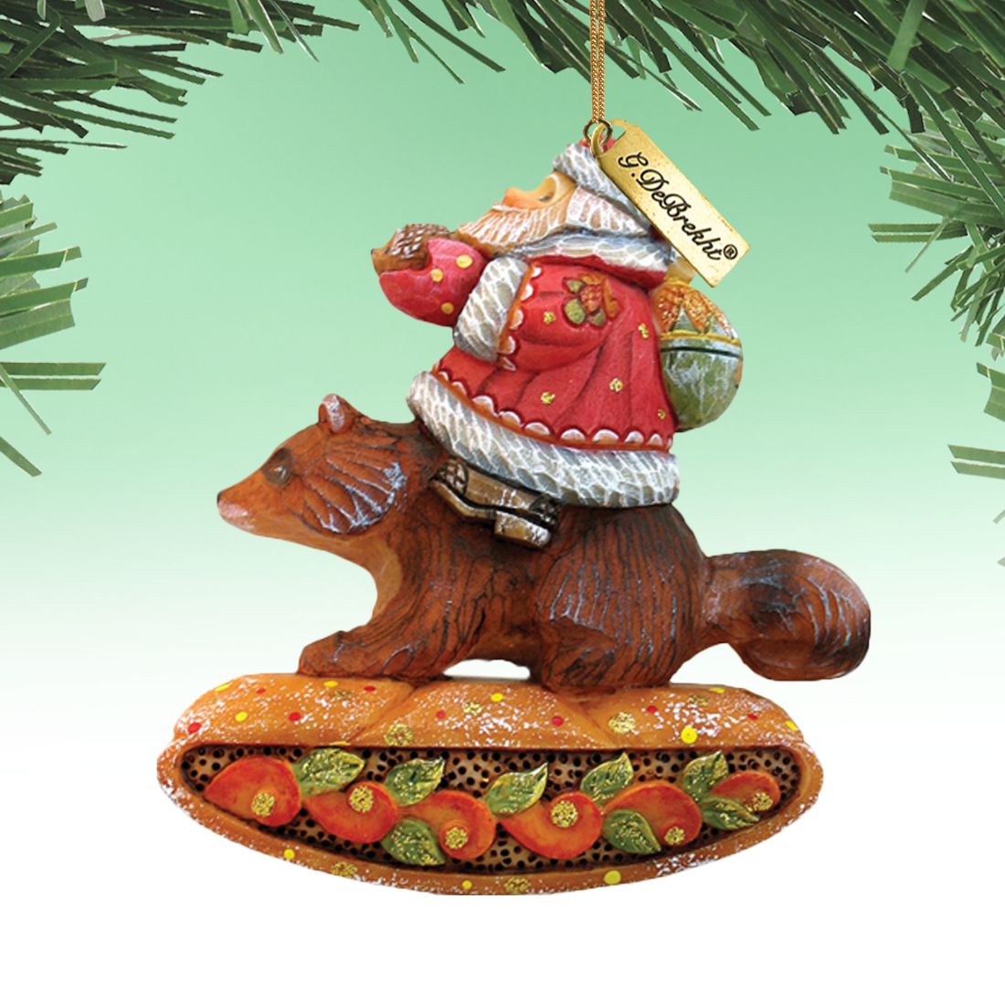 Santa on raccoon sculpted hand-painted ornament by G. DeBrekht, red coat on brown raccoon, on Tampa Home & Garden Store