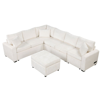 Sleeper sectional sofa with storage ottoman in cream, three pillows by HouseOfZazla on Tampa Home & Garden Store