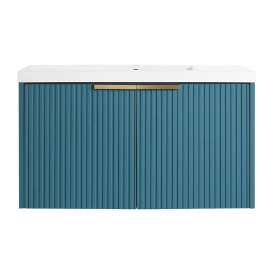 Flat wall mounted vanity with teal resin double sink and doors on Tampa Home & Garden Store