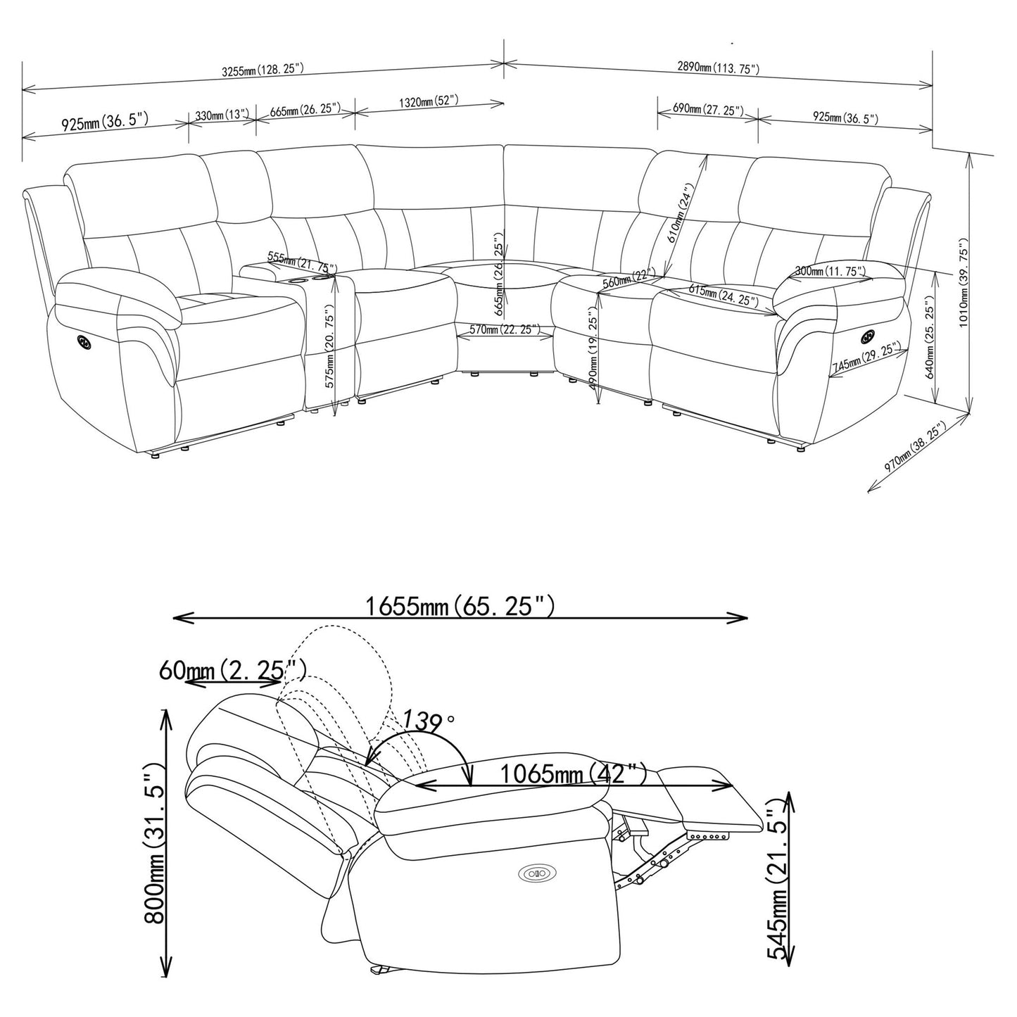 Divine 6-Piece Reclining Sectional by HouseOfZazla, chaise longue configuration on Tampa Home & Garden Store