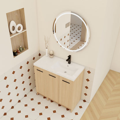 Wall mounted floating vanity in light brown wood with modular 3-door cabinet and mirror on Tampa Home & Garden Store
