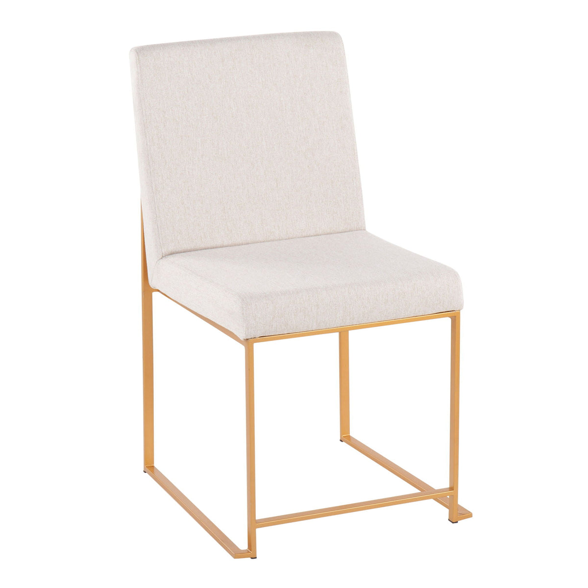 Contemporary high-back dining chair with upholstered beige seat and gold metal frame on Tampa Home & Garden Store
