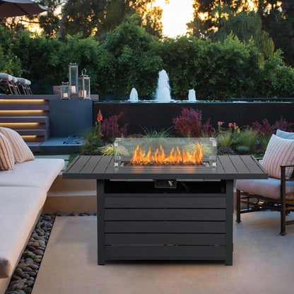 Rectangular propane fire pit table with stainless burner in black and gray, wind guard on Tampa Home & Garden Store