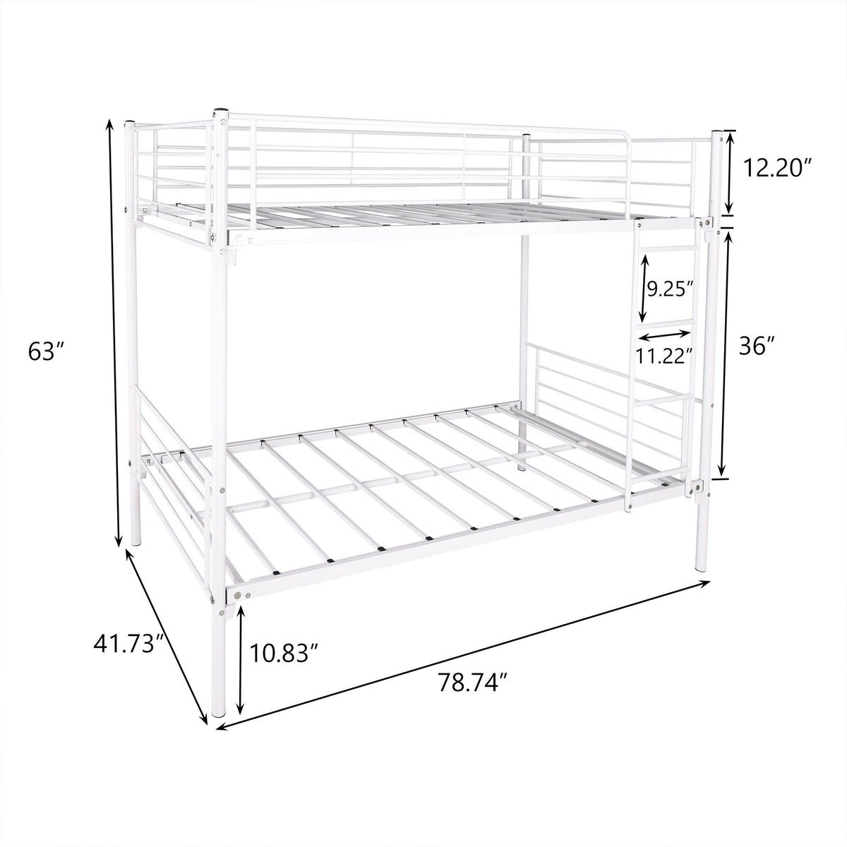 Twin Over Twin Metal Bunk Bed HouseOfZazla, white steel frame with guard rails and ladder on Tampa Home & Garden Store