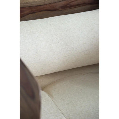 Wooden sofa with brown wood arm and beige fabric upholstery on Tampa Home & Garden Store