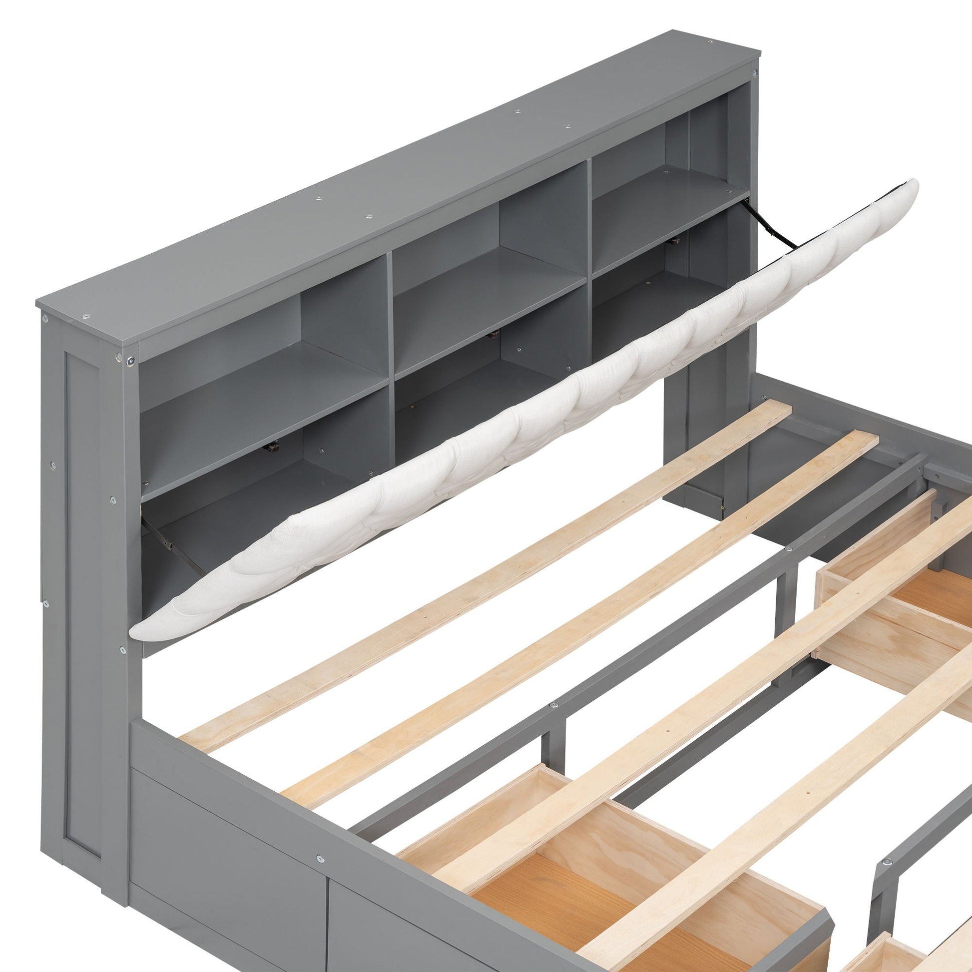 Gray platform bed with storage headboard and cubby shelves, 4 drawers, HouseOfZazla on Tampa Home & Garden Store