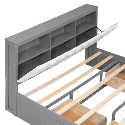 Gray platform bed with storage headboard and cubby shelves, 4 drawers, HouseOfZazla on Tampa Home & Garden Store