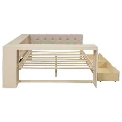 Beige upholstered tufted headboard platform bed with built‑in storage shelves and drawers HouseOfZazla on Tampa Home & Garden Store