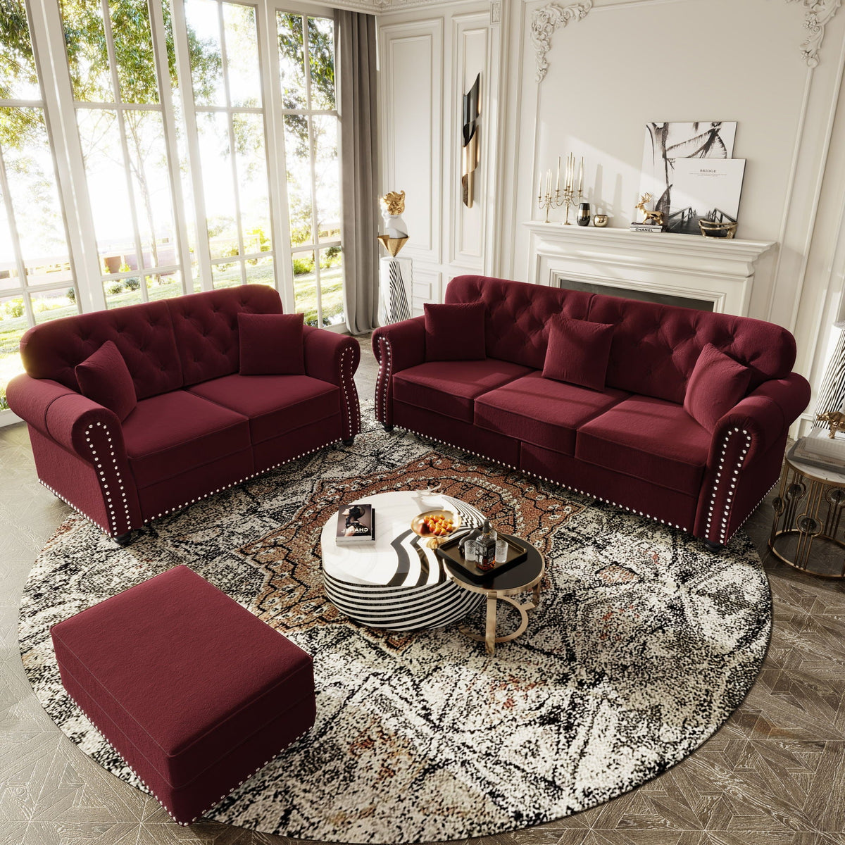 Upholstered Sofa Set with Nailhead and Pillows