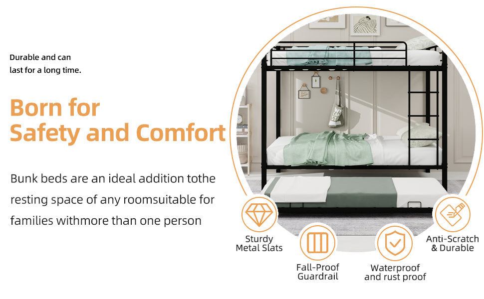 HouseOfZazla black square-tube iron full-size bunk bed with guardrails and ladder on Tampa Home & Garden Store