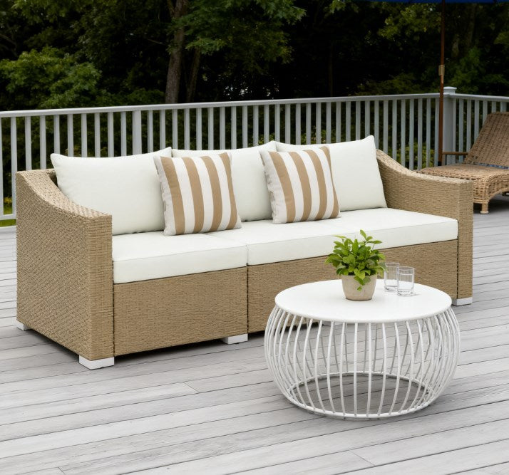 Outdoor Furniture Rattan Sofa Set with cream cushions and striped pillows by HouseOfZazla on Tampa Home & Garden Store